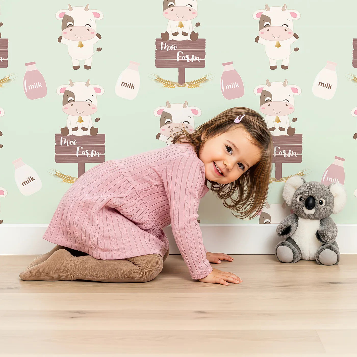Lovely child standing in front of Whimsy Tots Moo Farm Friends Wallpaper in Green with cow, bottle, bell, wheat, sign in design.