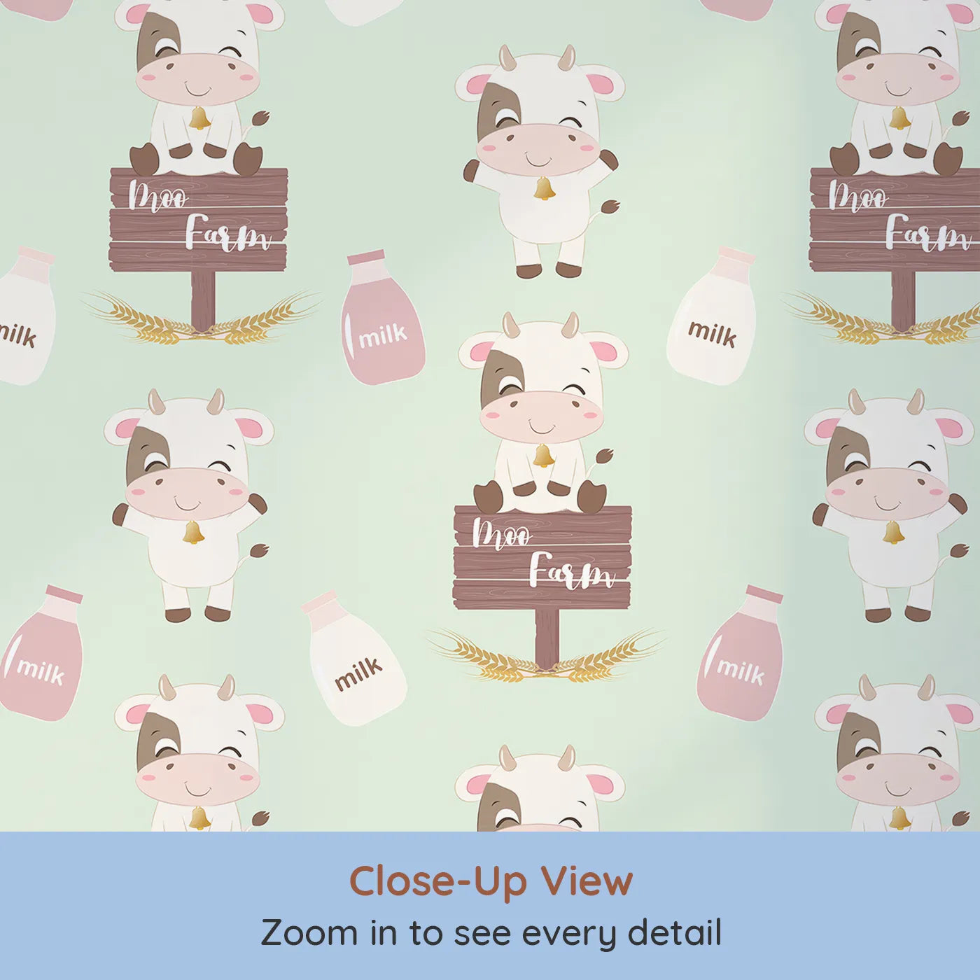 Close-up view of Whimsy Tots' Moo Farm Friends Wallpaper in Green (W3015C).Smiling cows, milk bottles, and farm signs make every wall a playful delight.