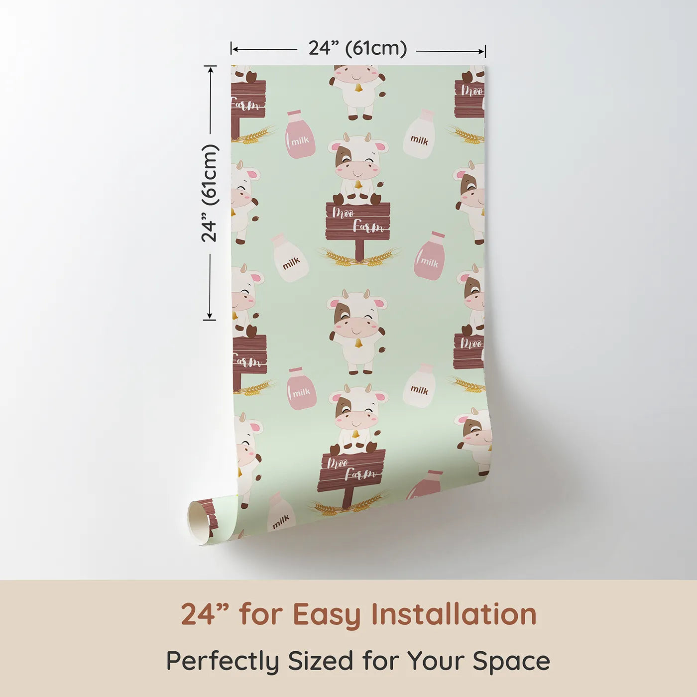 Dimension view of Whimsy Tots Moo Farm Friends Wallpaper in Green (W3015C). Printed in 24-inch-wide panel for easy installation. Smiling cows, milk bottles, and farm signs make every wall a playful delight.