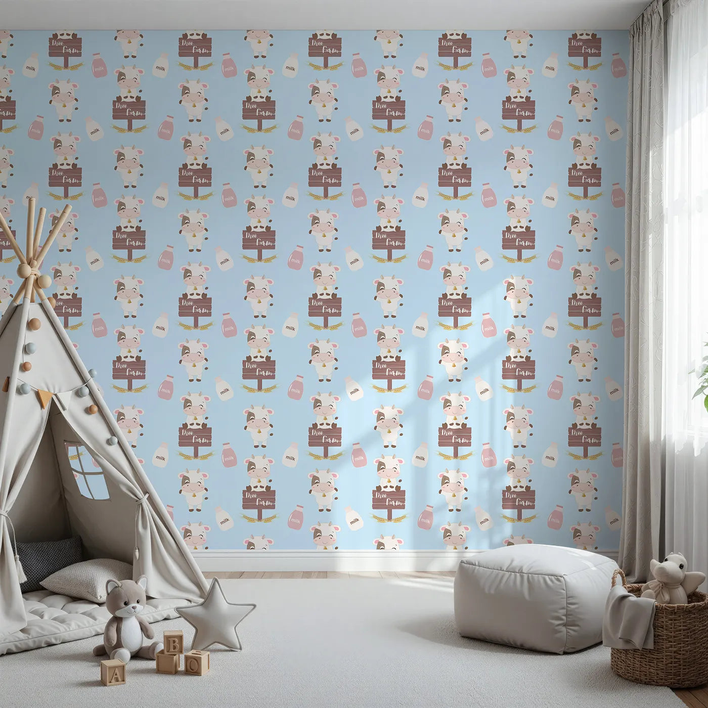 Front view of Whimsy Tots' Moo Farm Friends Wallpaper in Blue