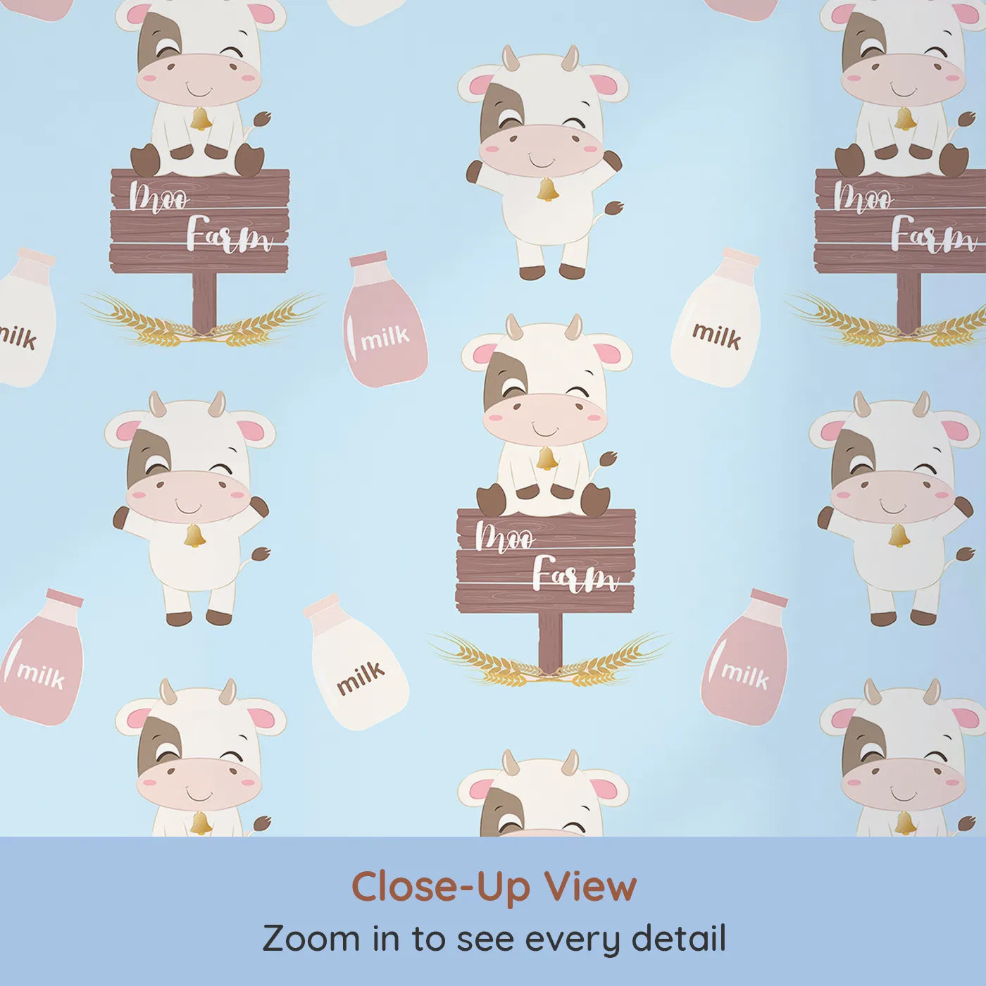 Close-up view of Whimsy Tots' Moo Farm Friends Wallpaper in Blue (W3015D).Smiling cows, milk bottles, and farm signs make every wall a playful delight.
