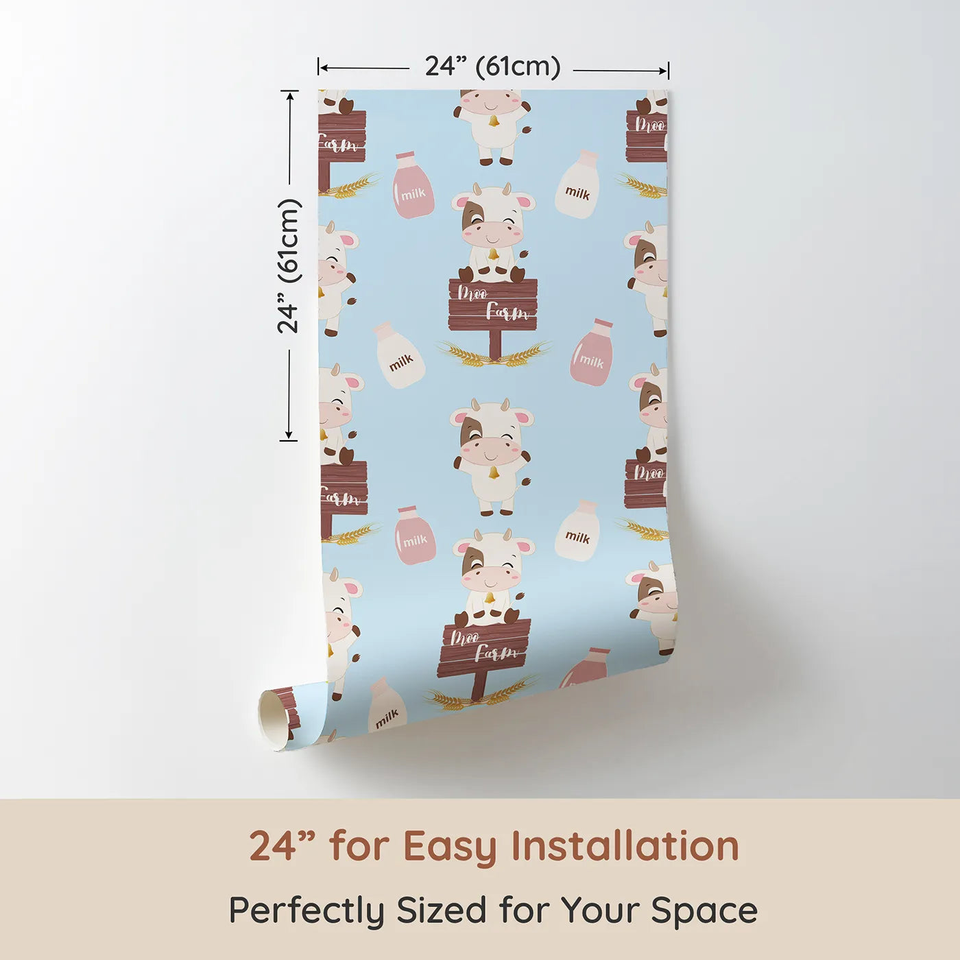 Dimension view of Whimsy Tots Moo Farm Friends Wallpaper in Blue (W3015D). Printed in 24-inch-wide panel for easy installation. Smiling cows, milk bottles, and farm signs make every wall a playful delight.