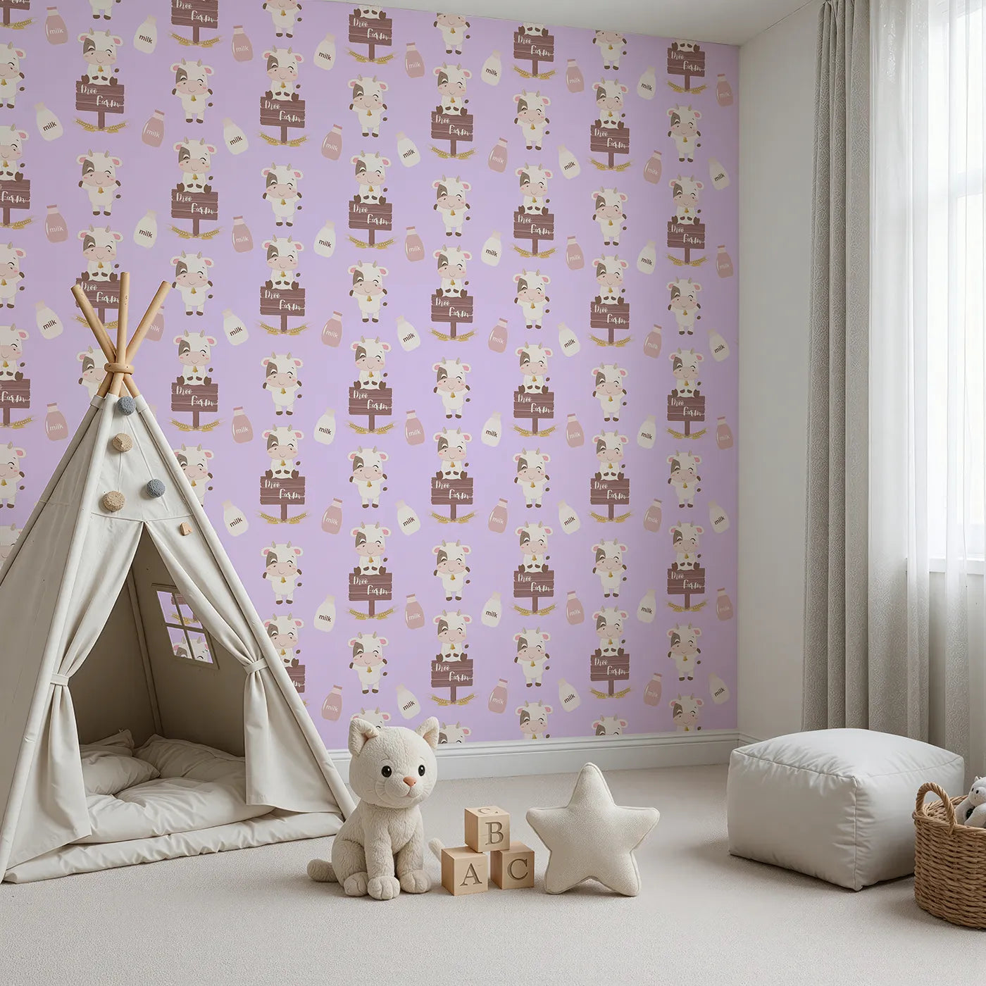 Angled view of Whimsy Tots' Moo Farm Friends Wallpaper in Purple (W3015E).Smiling cows, milk bottles, and farm signs make every wall a playful delight.
