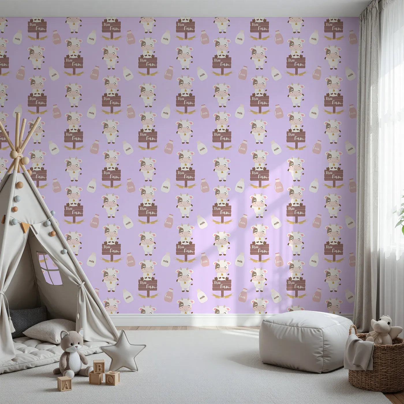 Front view of Whimsy Tots' Moo Farm Friends Wallpaper in Purple