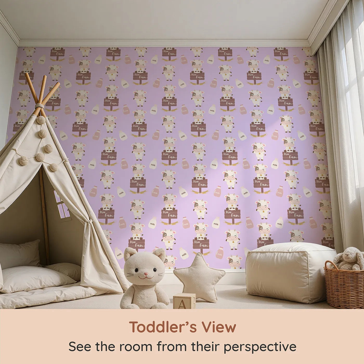 Whimsy Tots Moo Farm Friends Wallpaper in Purple (W3015E) from your child's view.Smiling cows, milk bottles, and farm signs make every wall a playful delight.