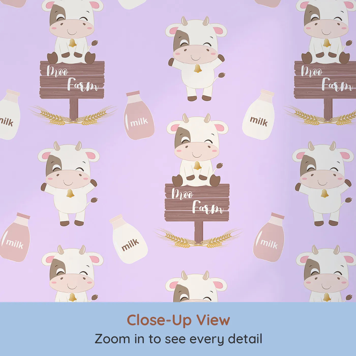 Close-up view of Whimsy Tots' Moo Farm Friends Wallpaper in Purple (W3015E).Smiling cows, milk bottles, and farm signs make every wall a playful delight.