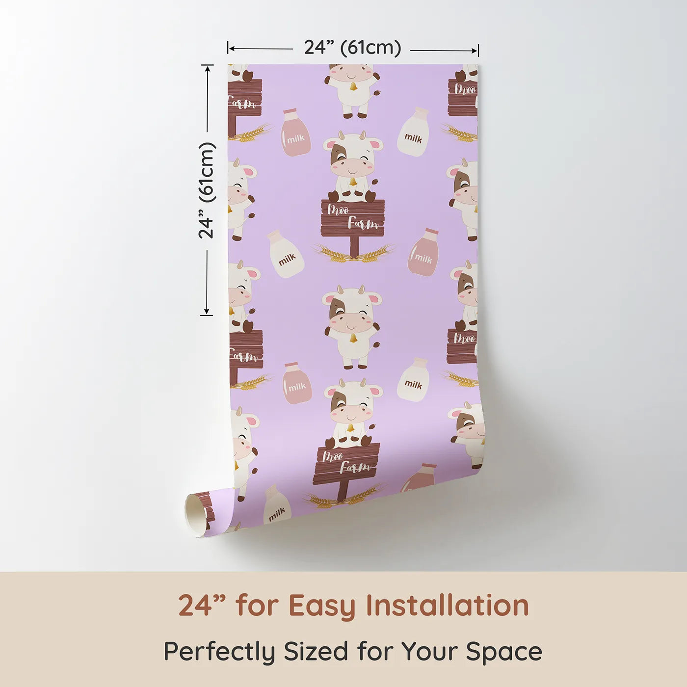 Dimension view of Whimsy Tots Moo Farm Friends Wallpaper in Purple (W3015E). Printed in 24-inch-wide panel for easy installation. Smiling cows, milk bottles, and farm signs make every wall a playful delight.