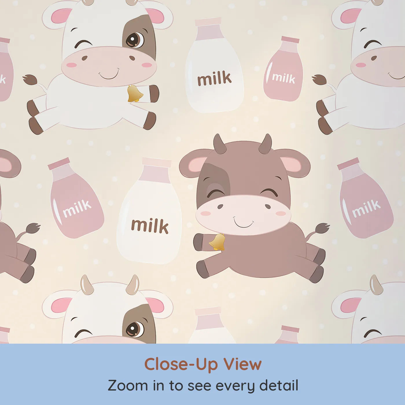 Close-up view of Whimsy Tots' Moo Moo Milk Parade Wallpaper in Cream (W3016B).Happy calves and milk bottles float across a dotty cream wonderland.