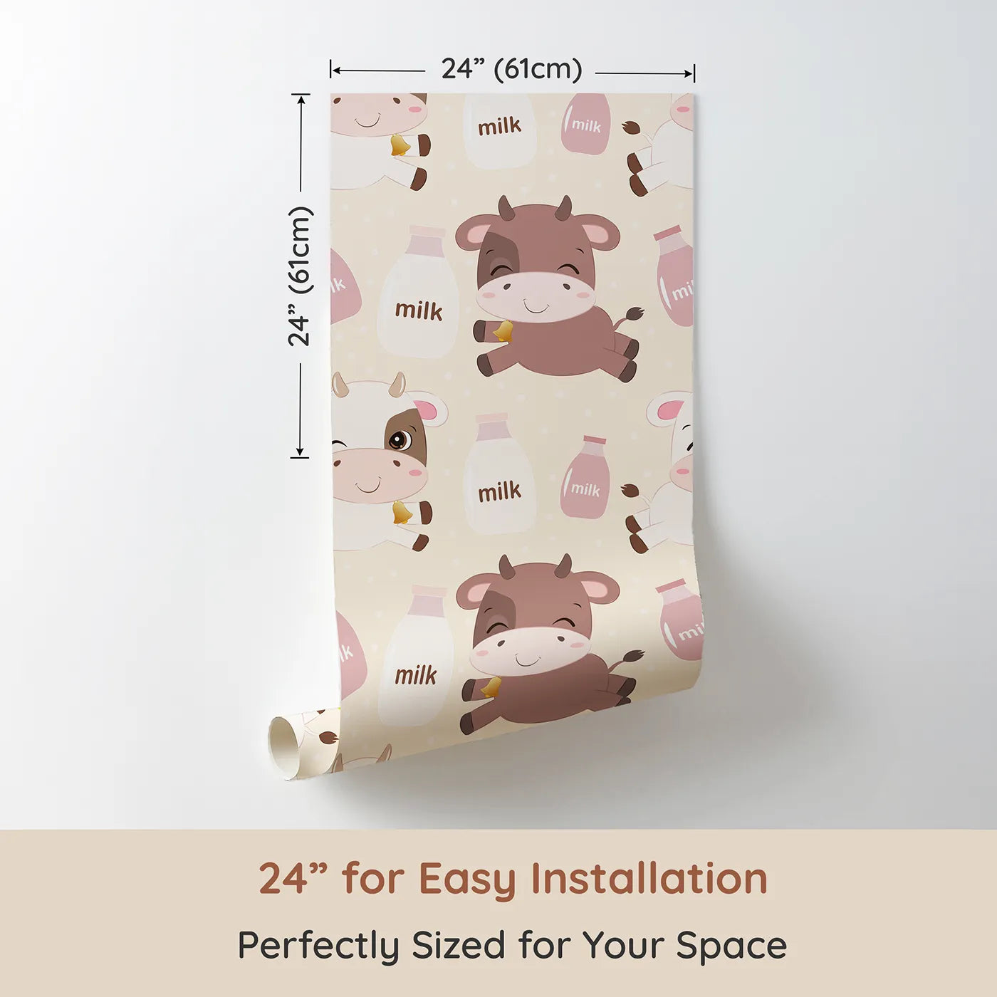 Dimension view of Whimsy Tots Moo Moo Milk Parade Wallpaper in Cream (W3016B). Printed in 24-inch-wide panel for easy installation. Happy calves and milk bottles float across a dotty cream wonderland.