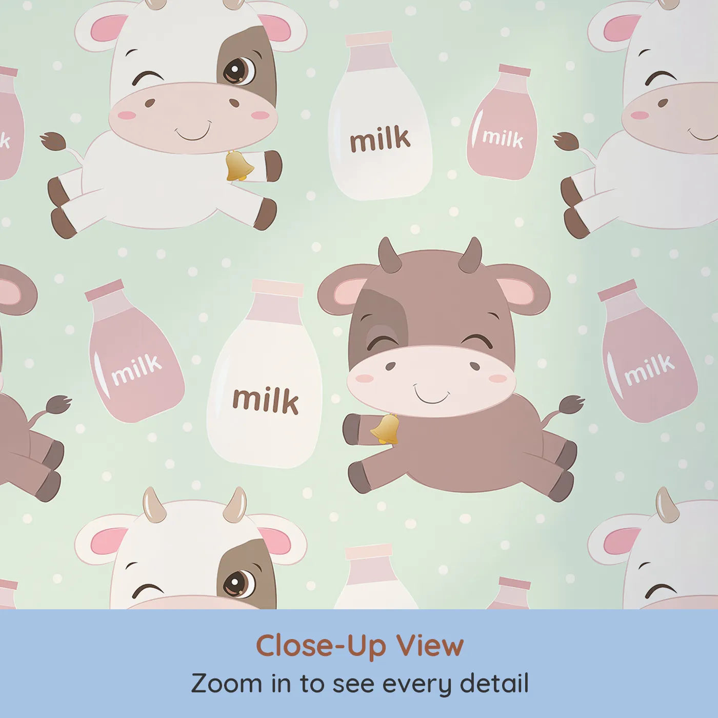 Close-up view of Whimsy Tots' Moo Moo Milk Parade Wallpaper in Green (W3016C).Happy calves and milk bottles float across a dotty minty-green wonderland.
