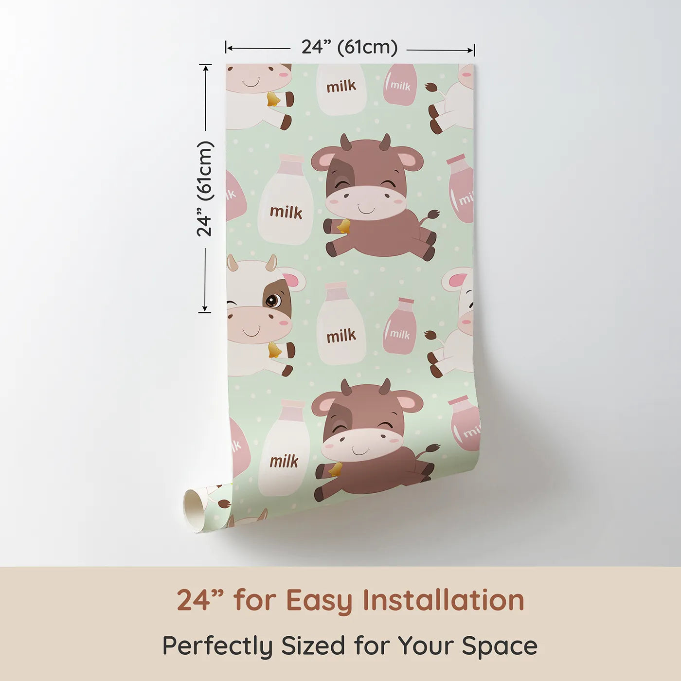 Dimension view of Whimsy Tots Moo Moo Milk Parade Wallpaper in Green (W3016C). Printed in 24-inch-wide panel for easy installation. Happy calves and milk bottles float across a dotty minty-green wonderland.