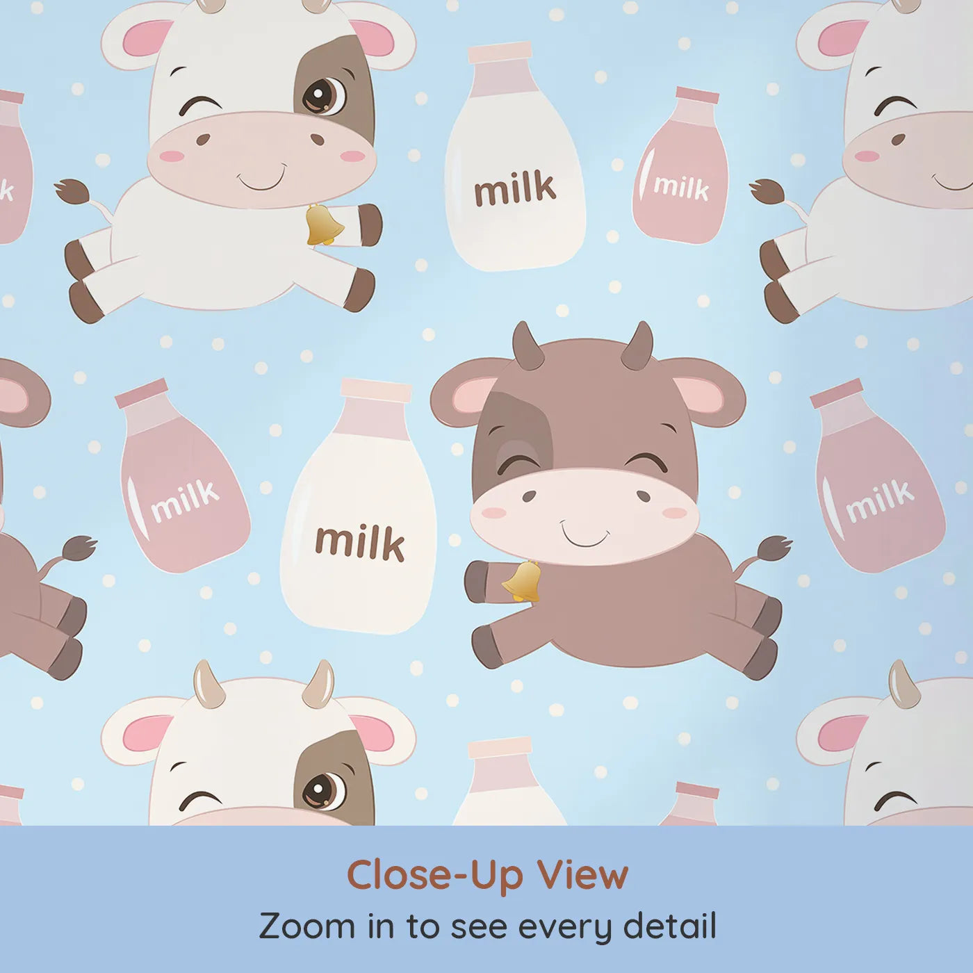 Close-up view of Whimsy Tots' Moo Moo Milk Parade Wallpaper in Blue (W3016D).Happy calves and milk bottles float across a dotty blue wonderland.