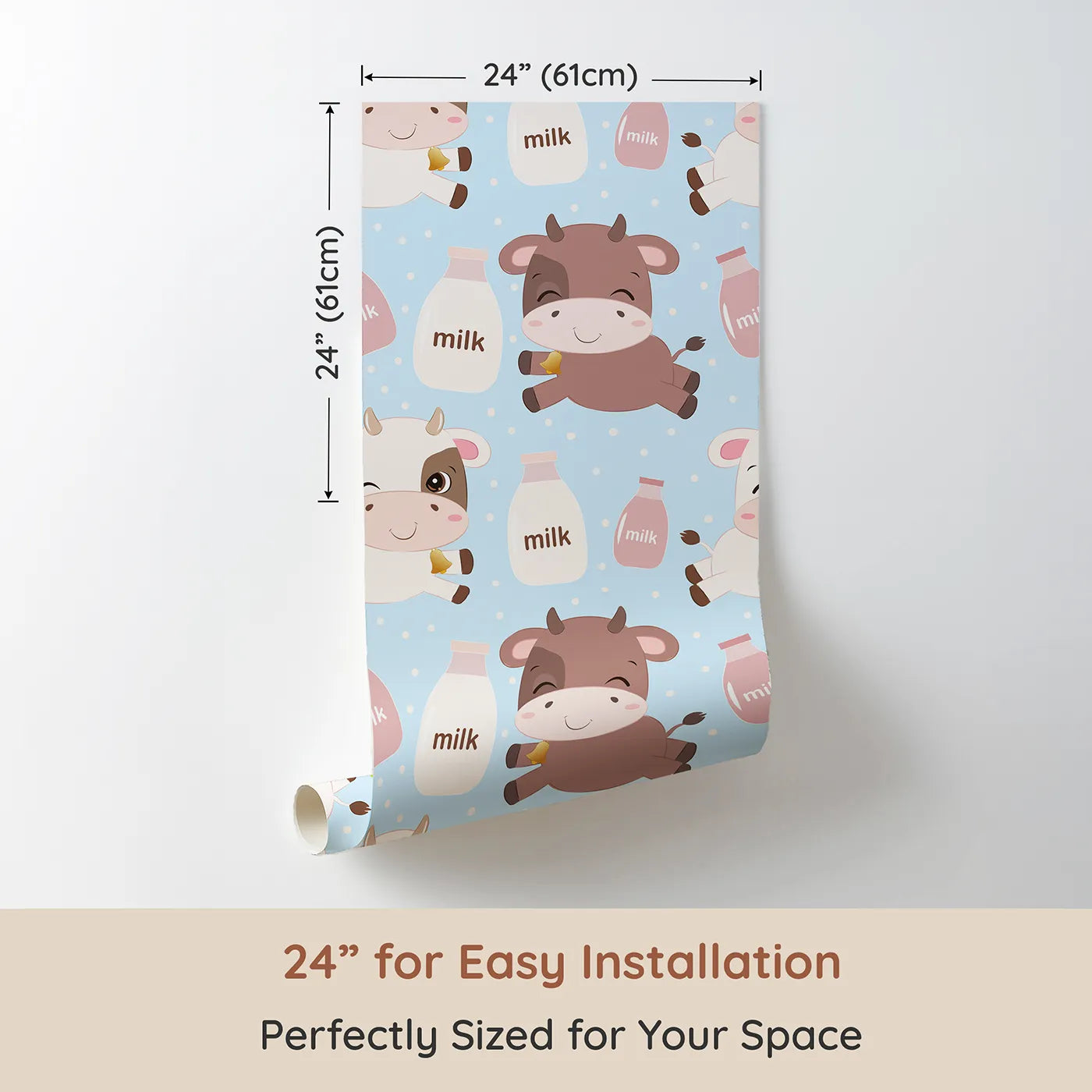 Dimension view of Whimsy Tots Moo Moo Milk Parade Wallpaper in Blue (W3016D). Printed in 24-inch-wide panel for easy installation. Happy calves and milk bottles float across a dotty blue wonderland.