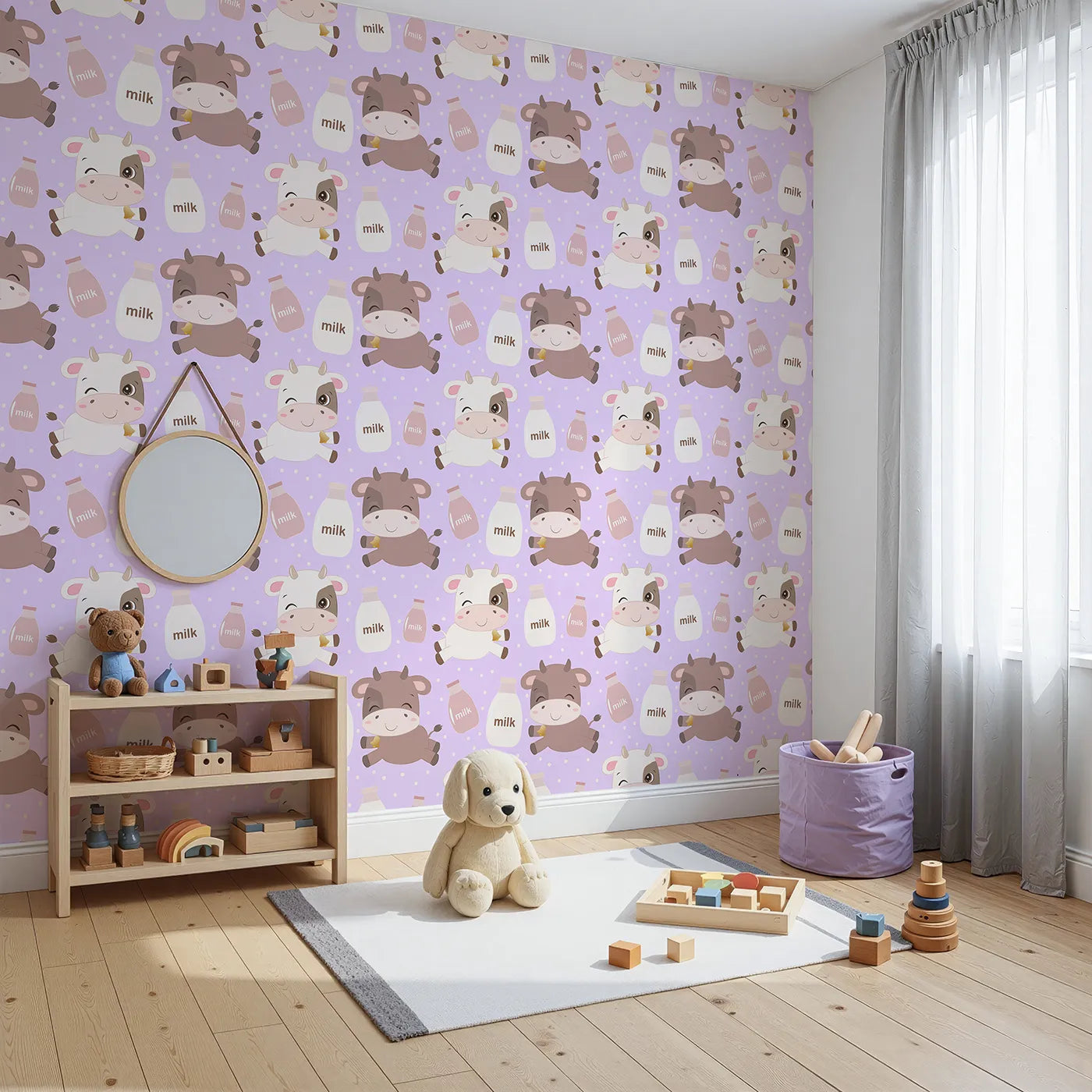 Angled view of Whimsy Tots' Moo Moo Milk Parade Wallpaper in Purple (W3016E).Happy calves and milk bottles float across a dotty purple wonderland.
