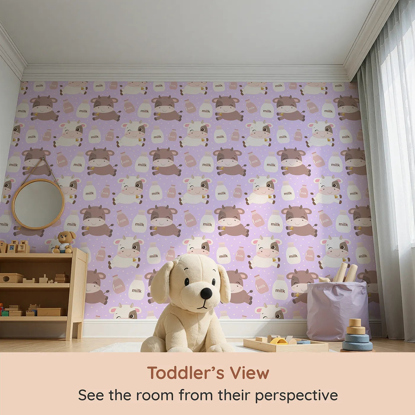 Whimsy Tots Moo Moo Milk Parade Wallpaper in Purple (W3016E) from your child's view.Happy calves and milk bottles float across a dotty purple wonderland.