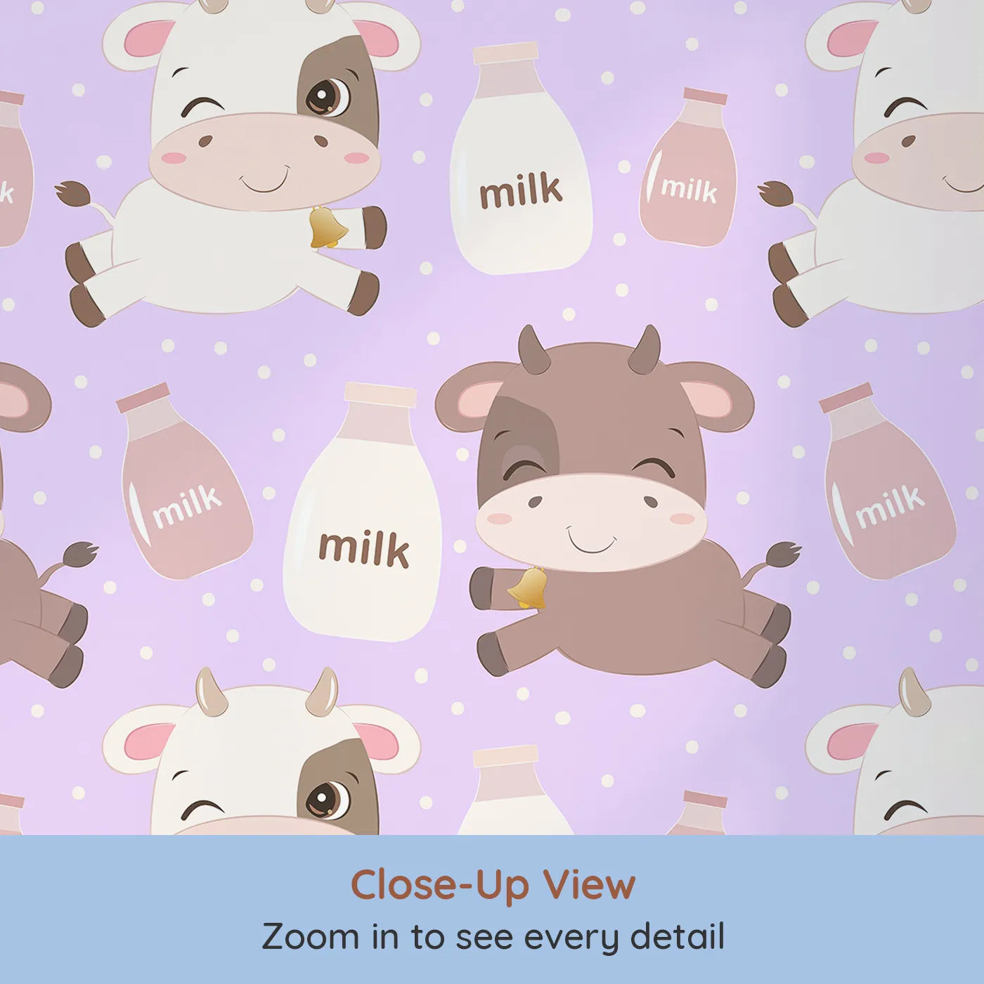 Close-up view of Whimsy Tots' Moo Moo Milk Parade Wallpaper in Purple (W3016E).Happy calves and milk bottles float across a dotty purple wonderland.