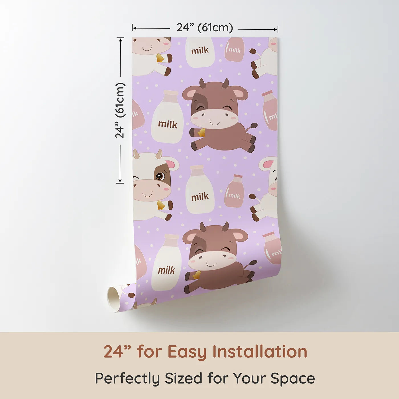 Dimension view of Whimsy Tots Moo Moo Milk Parade Wallpaper in Purple (W3016E). Printed in 24-inch-wide panel for easy installation. Happy calves and milk bottles float across a dotty purple wonderland.