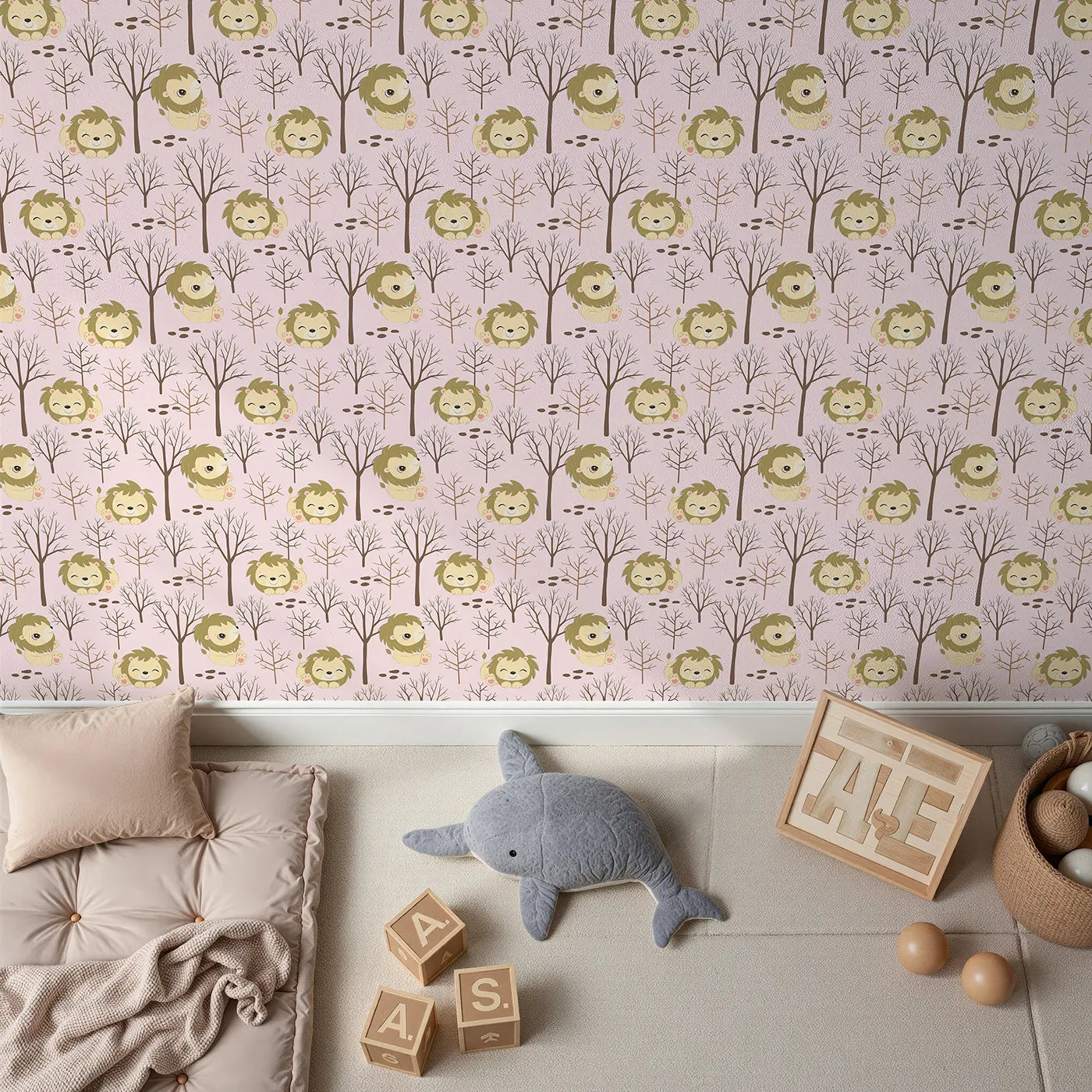 Top-Down view of Whimsy Tots' Little Lion Nap Wallpaper in Pink (W3017A).Cuddly lions and bare forest trees bring quiet wonder to the walls.