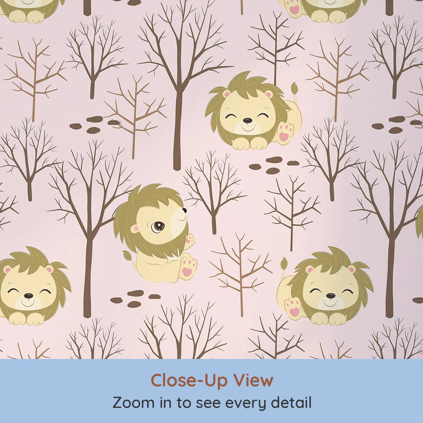 Close-up view of Whimsy Tots' Little Lion Nap Wallpaper in Pink (W3017A).Cuddly lions and bare forest trees bring quiet wonder to the walls.