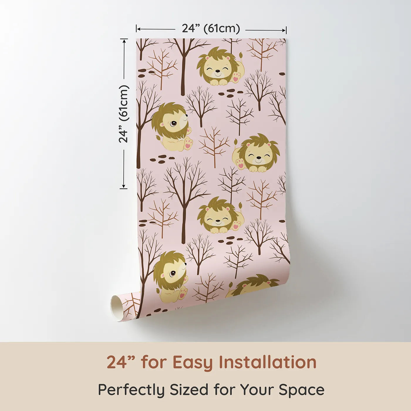 Dimension view of Whimsy Tots Little Lion Nap Wallpaper in Pink (W3017A). Printed in 24-inch-wide panel for easy installation. Cuddly lions and bare forest trees bring quiet wonder to the walls.