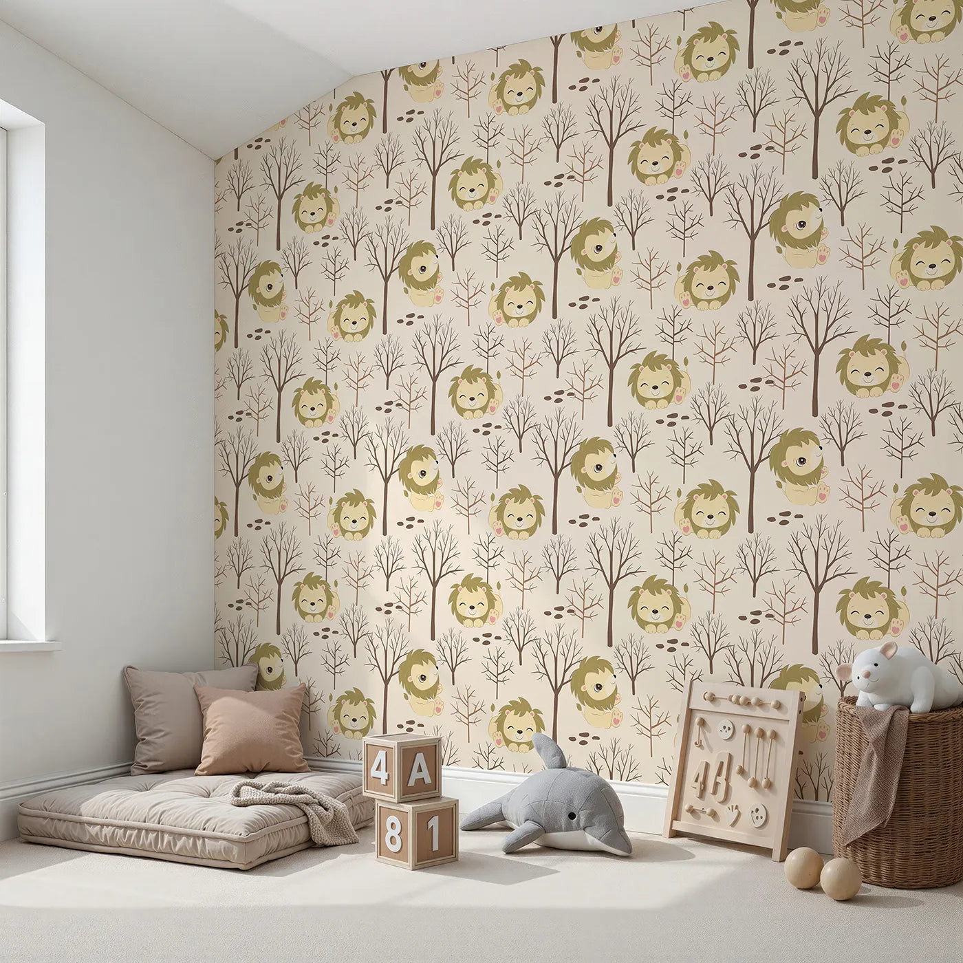 Angled view of Whimsy Tots' Little Lion Nap Wallpaper in Cream (W3017B).Cuddly lions and bare forest trees bring quiet wonder to the walls.