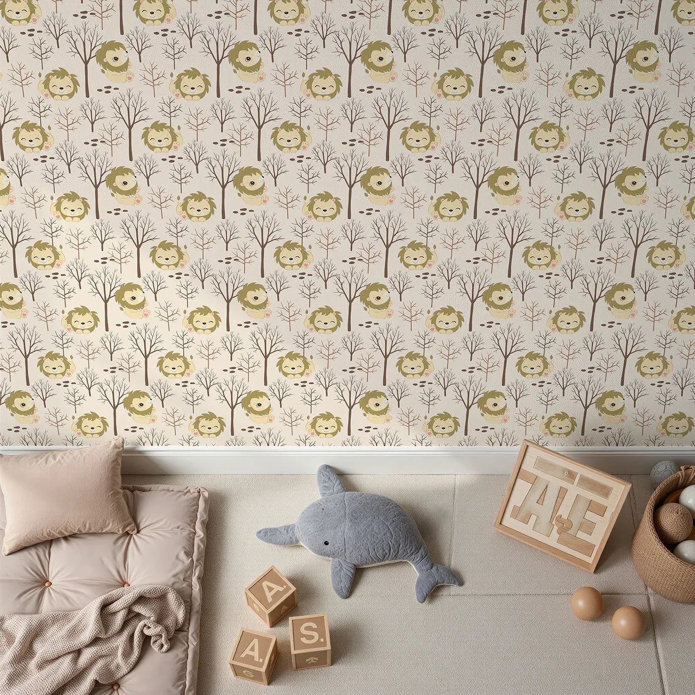 Top-Down view of Whimsy Tots' Little Lion Nap Wallpaper in Cream (W3017B).Cuddly lions and bare forest trees bring quiet wonder to the walls.