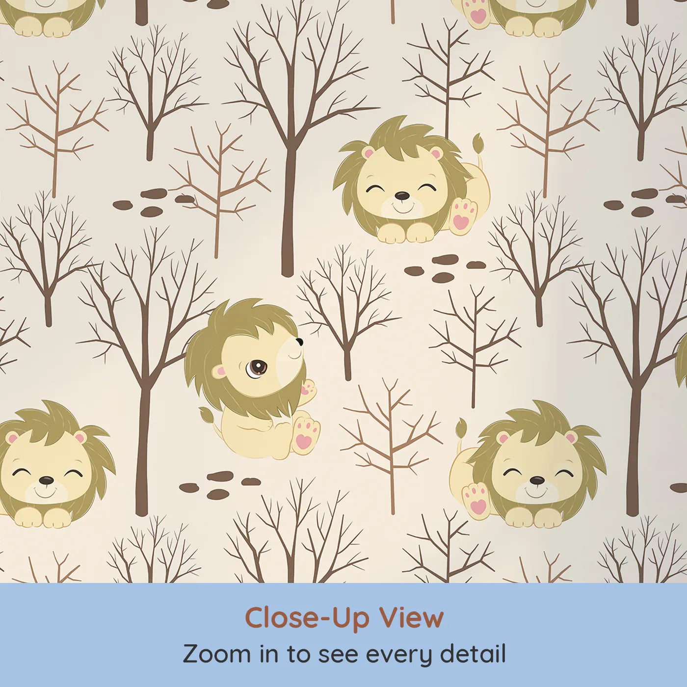 Close-up view of Whimsy Tots' Little Lion Nap Wallpaper in Cream (W3017B).Cuddly lions and bare forest trees bring quiet wonder to the walls.