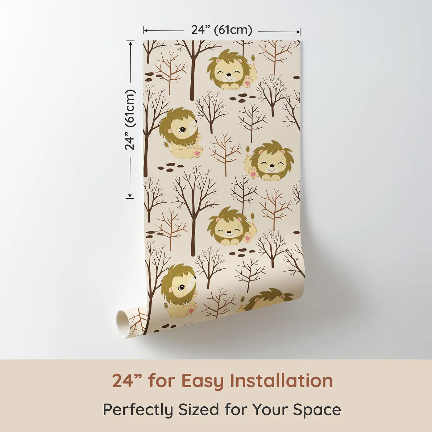 Dimension view of Whimsy Tots Little Lion Nap Wallpaper in Cream (W3017B). Printed in 24-inch-wide panel for easy installation. Cuddly lions and bare forest trees bring quiet wonder to the walls.