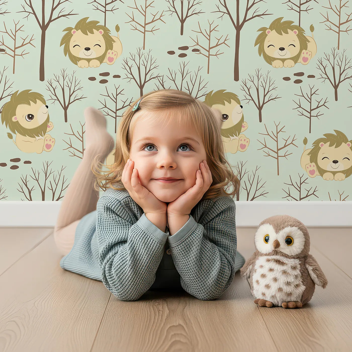 Lovely child standing in front of Whimsy Tots Little Lion Nap Wallpaper in Green with lion, tree, footprint in design.