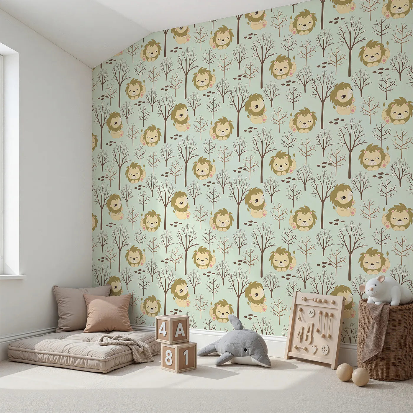 Angled view of Whimsy Tots' Little Lion Nap Wallpaper in Green (W3017C).Cuddly lions and bare forest trees bring quiet wonder to the walls.