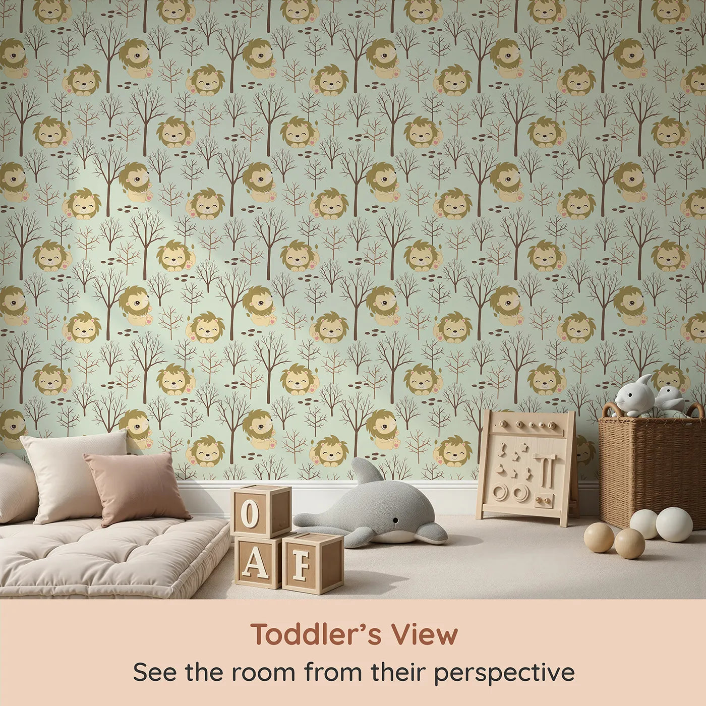 Whimsy Tots Little Lion Nap Wallpaper in Green (W3017C) from your child's view.Cuddly lions and bare forest trees bring quiet wonder to the walls.