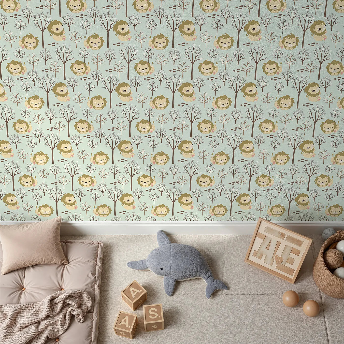 Top-Down view of Whimsy Tots' Little Lion Nap Wallpaper in Green (W3017C).Cuddly lions and bare forest trees bring quiet wonder to the walls.