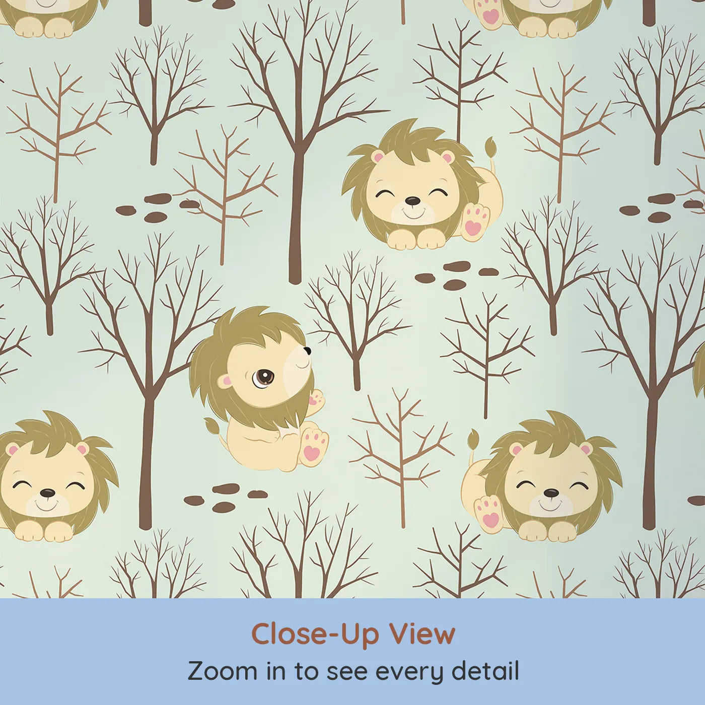 Close-up view of Whimsy Tots' Little Lion Nap Wallpaper in Green (W3017C).Cuddly lions and bare forest trees bring quiet wonder to the walls.