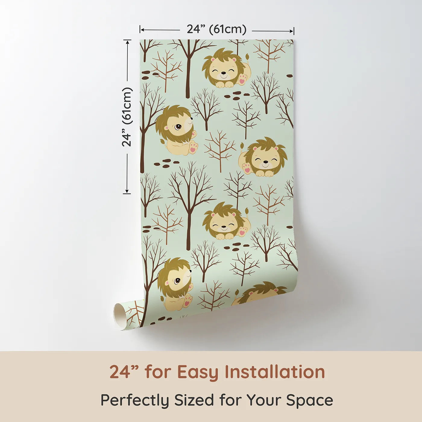 Dimension view of Whimsy Tots Little Lion Nap Wallpaper in Green (W3017C). Printed in 24-inch-wide panel for easy installation. Cuddly lions and bare forest trees bring quiet wonder to the walls.