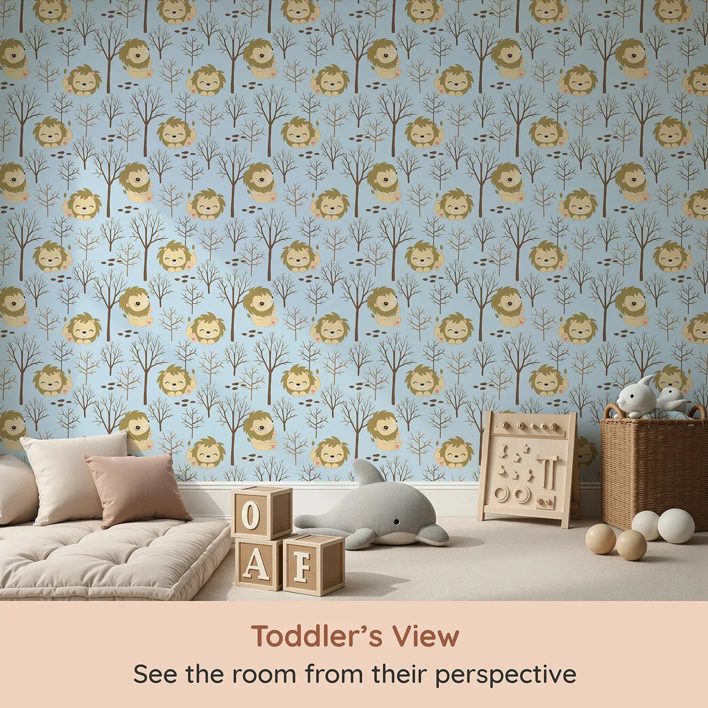 Whimsy Tots Little Lion Nap Wallpaper in Blue (W3017D) from your child's view.Cuddly lions and bare forest trees bring quiet wonder to the walls.