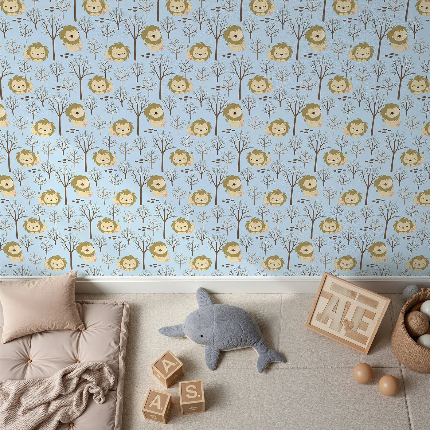 Top-Down view of Whimsy Tots' Little Lion Nap Wallpaper in Blue (W3017D).Cuddly lions and bare forest trees bring quiet wonder to the walls.