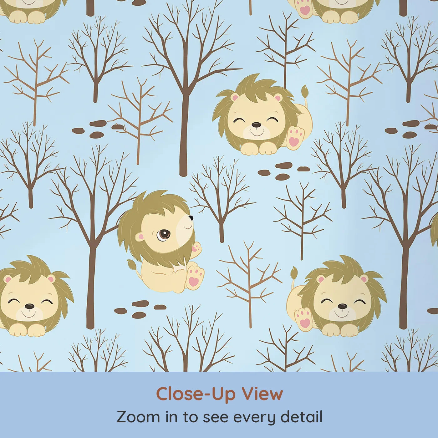 Close-up view of Whimsy Tots' Little Lion Nap Wallpaper in Blue (W3017D).Cuddly lions and bare forest trees bring quiet wonder to the walls.