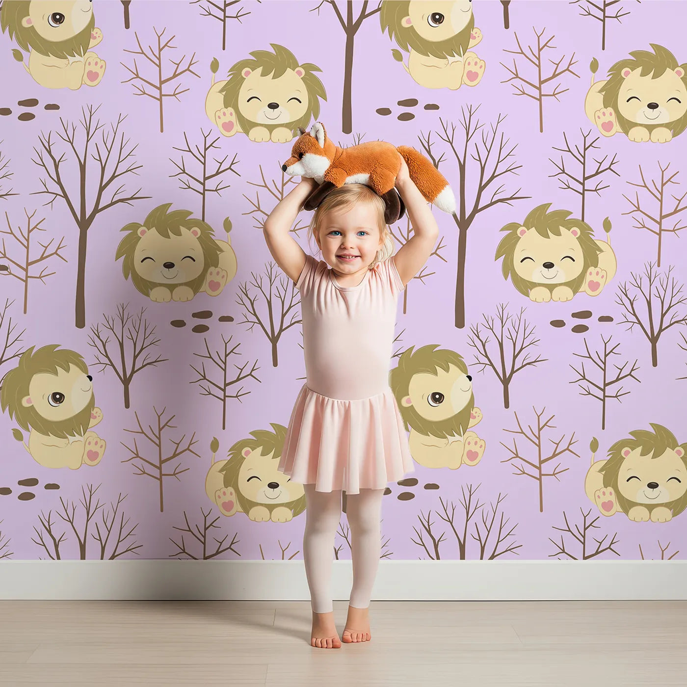 Lovely child standing in front of Whimsy Tots Little Lion Nap Wallpaper in Purple with lion, tree, footprint in design.