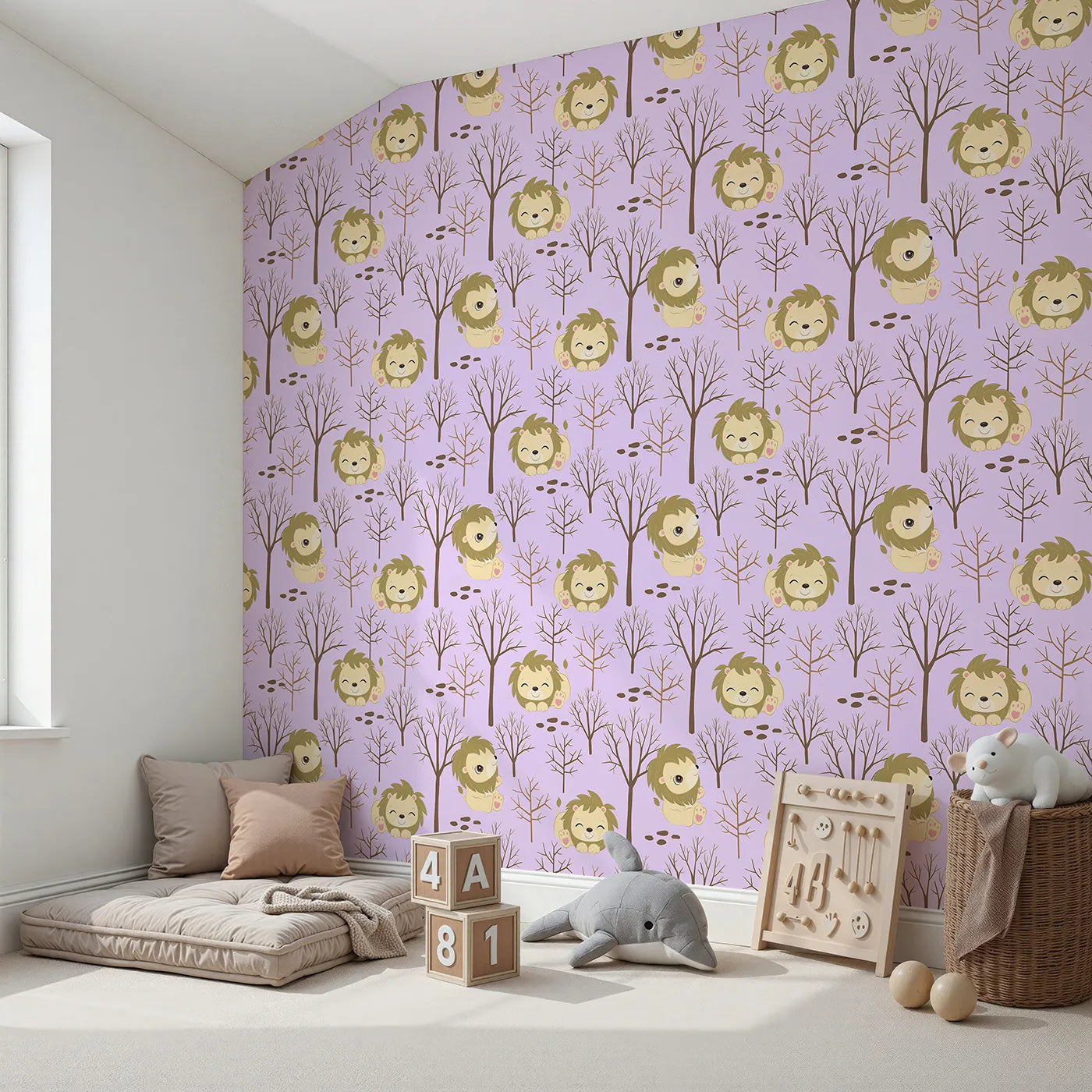 Angled view of Whimsy Tots' Little Lion Nap Wallpaper in Purple (W3017E).Cuddly lions and bare forest trees bring quiet wonder to the walls.