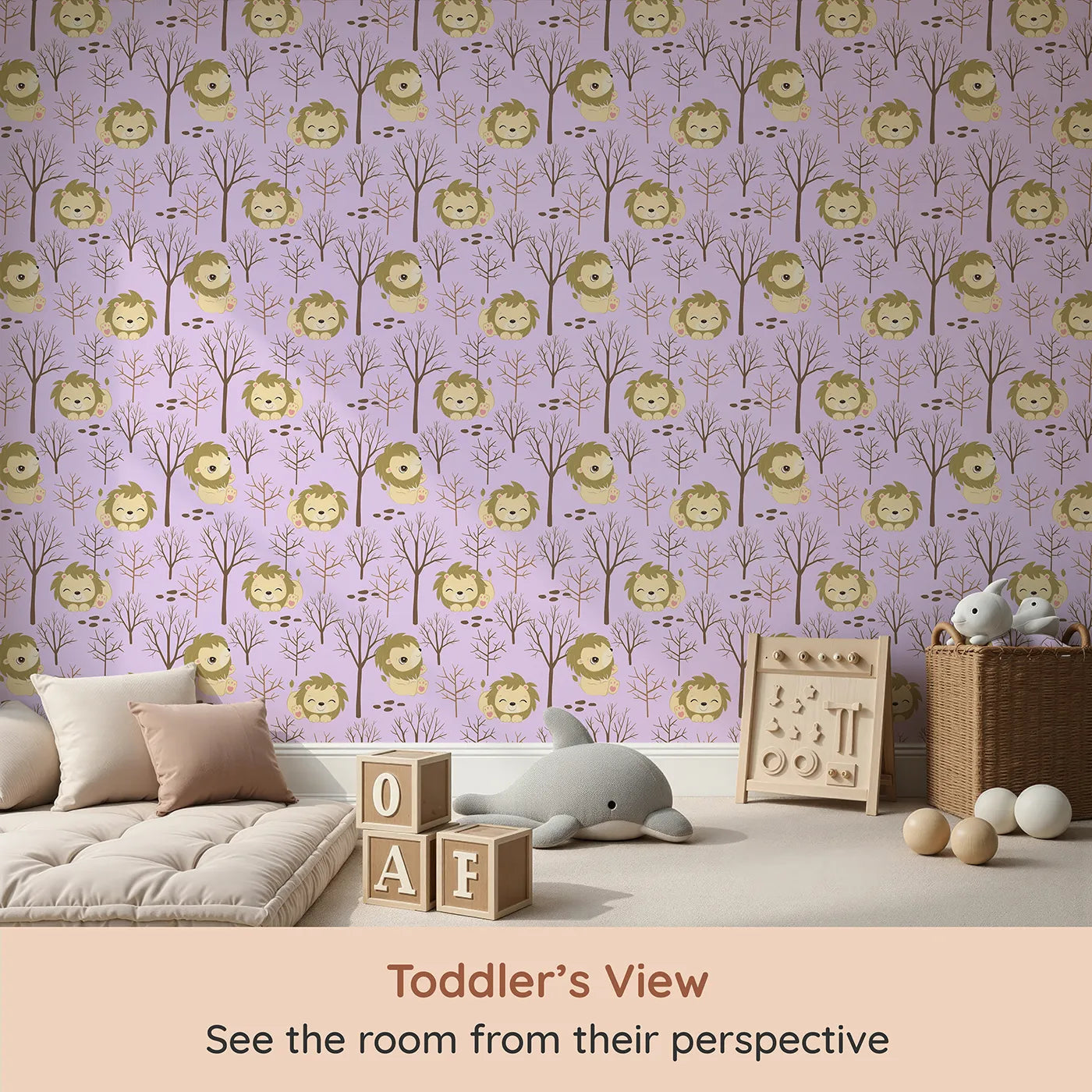 Whimsy Tots Little Lion Nap Wallpaper in Purple (W3017E) from your child's view.Cuddly lions and bare forest trees bring quiet wonder to the walls.