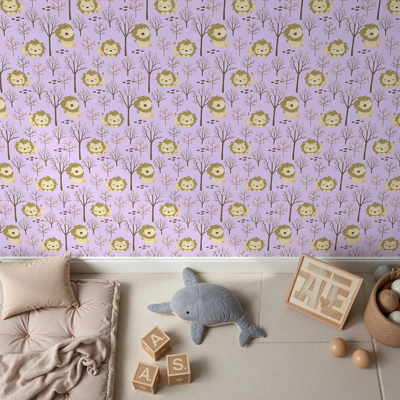 Top-Down view of Whimsy Tots' Little Lion Nap Wallpaper in Purple (W3017E).Cuddly lions and bare forest trees bring quiet wonder to the walls.