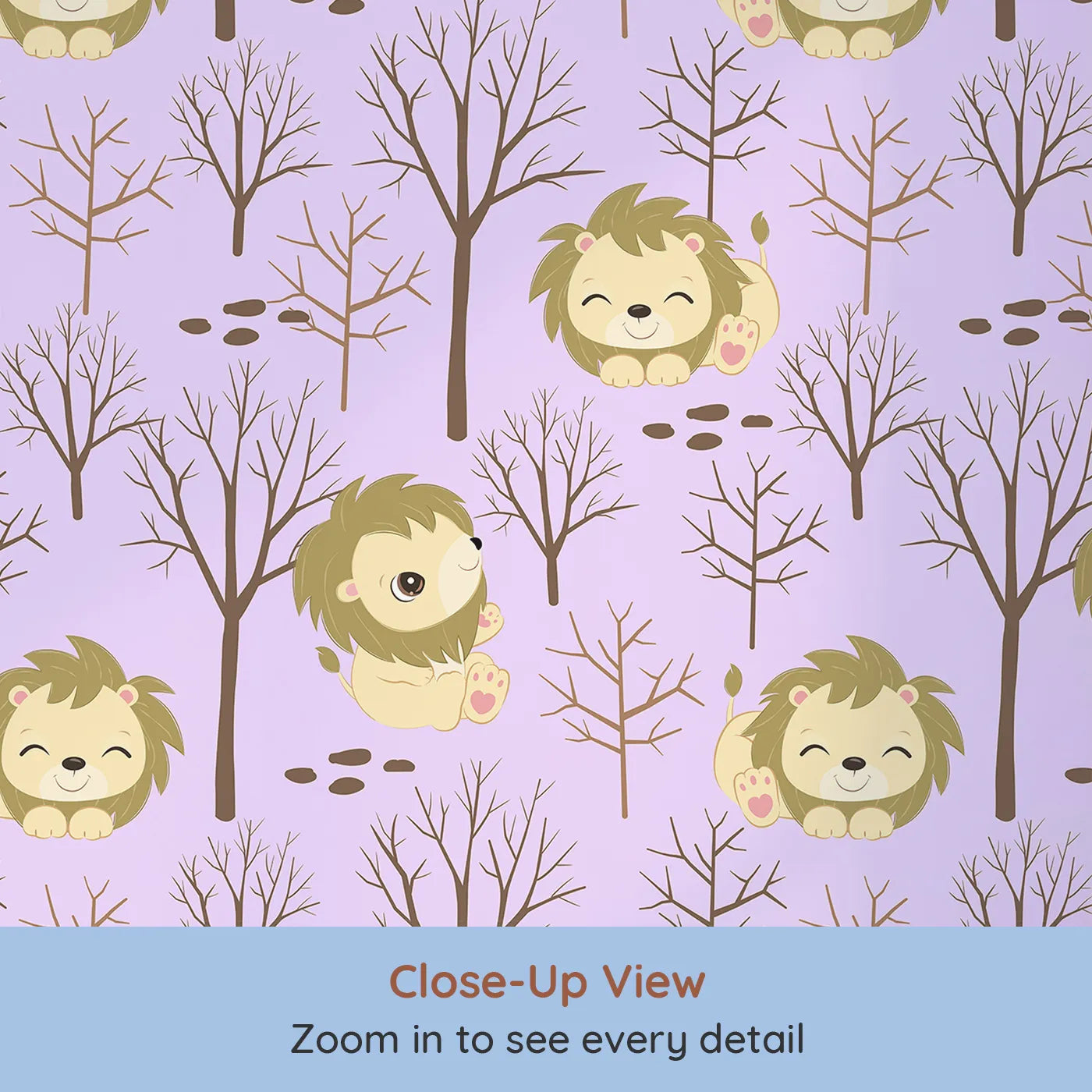 Close-up view of Whimsy Tots' Little Lion Nap Wallpaper in Purple (W3017E).Cuddly lions and bare forest trees bring quiet wonder to the walls.