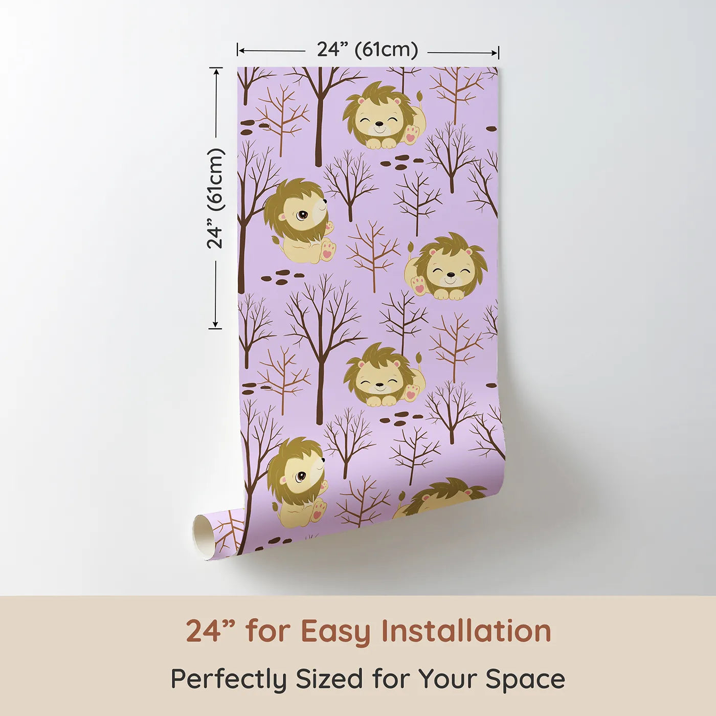 Dimension view of Whimsy Tots Little Lion Nap Wallpaper in Purple (W3017E). Printed in 24-inch-wide panel for easy installation. Cuddly lions and bare forest trees bring quiet wonder to the walls.