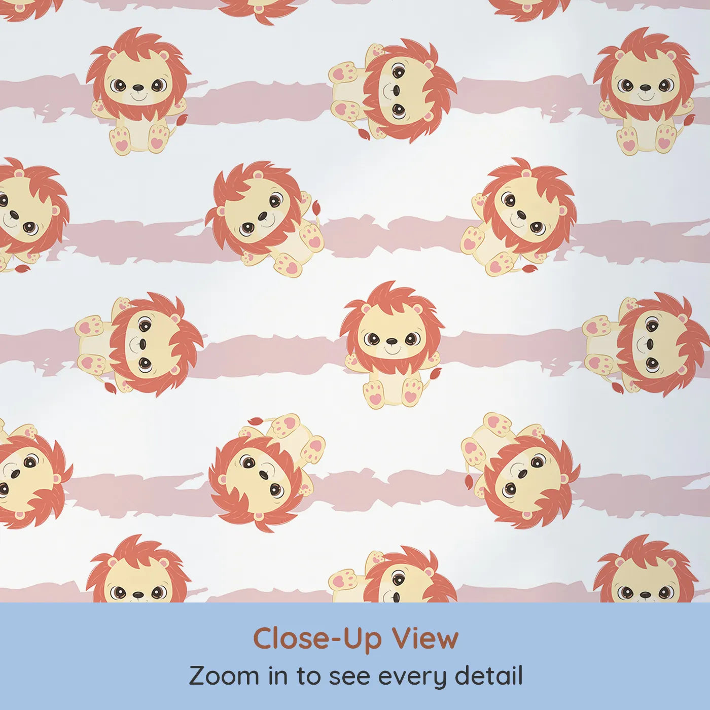 Close-up view of Whimsy Tots' Striped Safari Cubs Wallpaper in Blush Pink (W3018A).Charming lions dance across playful blush stripes and soft white skies.