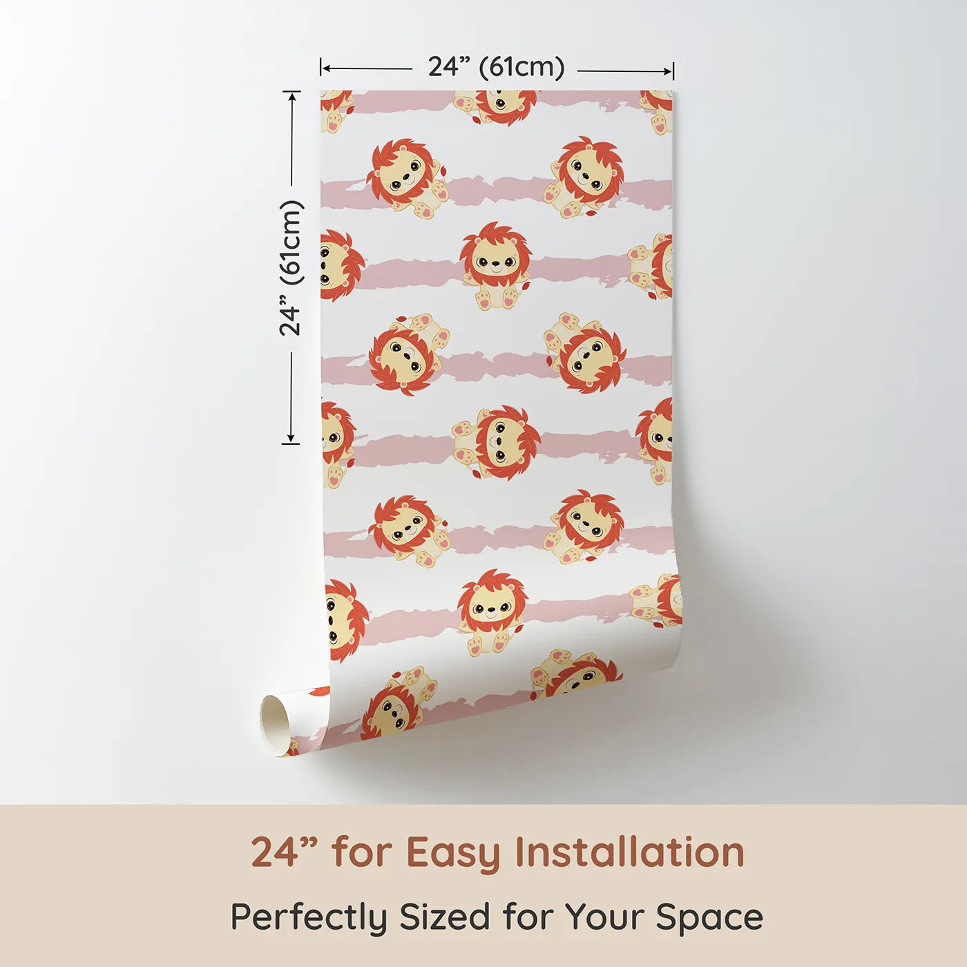 Dimension view of Whimsy Tots Striped Safari Cubs Wallpaper in Blush Pink (W3018A). Printed in 24-inch-wide panel for easy installation. Charming lions dance across playful blush stripes and soft white skies.