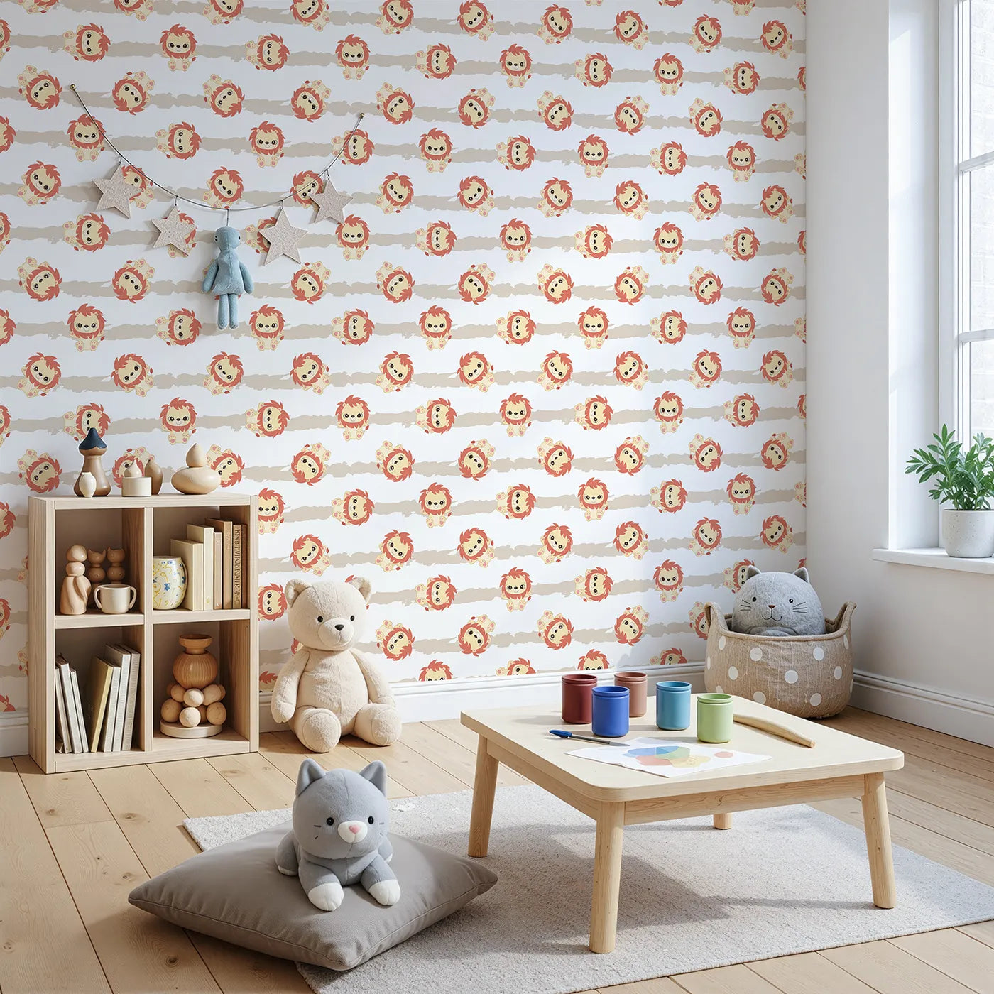 Angled view of Whimsy Tots' Striped Safari Cubs Wallpaper in Beige (W3018B).Charming lions dance across soft beige stripes and clean white skies.