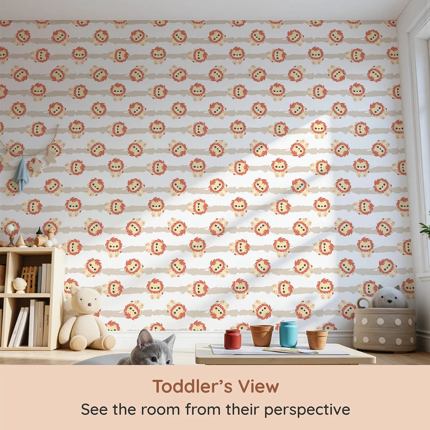 Whimsy Tots Striped Safari Cubs Wallpaper in Beige (W3018B) from your child's view.Charming lions dance across soft beige stripes and clean white skies.