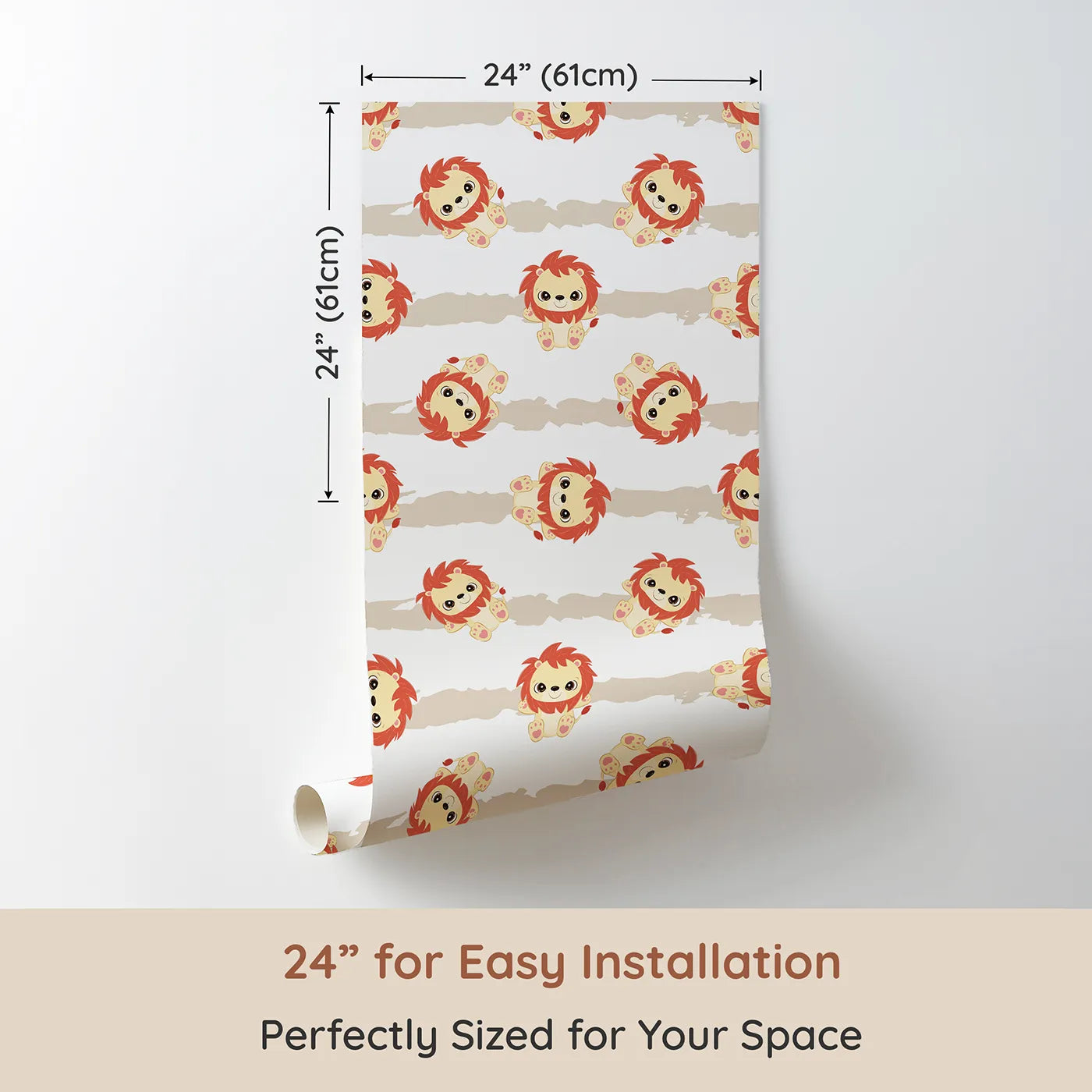 Dimension view of Whimsy Tots Striped Safari Cubs Wallpaper in Beige (W3018B). Printed in 24-inch-wide panel for easy installation. Charming lions dance across soft beige stripes and clean white skies.