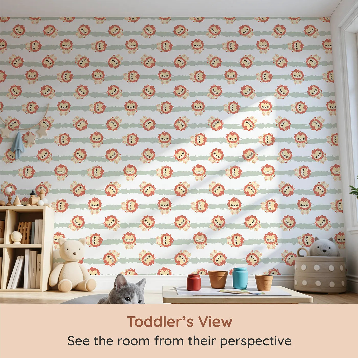 Whimsy Tots Striped Safari Cubs Wallpaper in Green (W3018C) from your child's view.Charming lions dance across soft sage stripes and clean white skies.