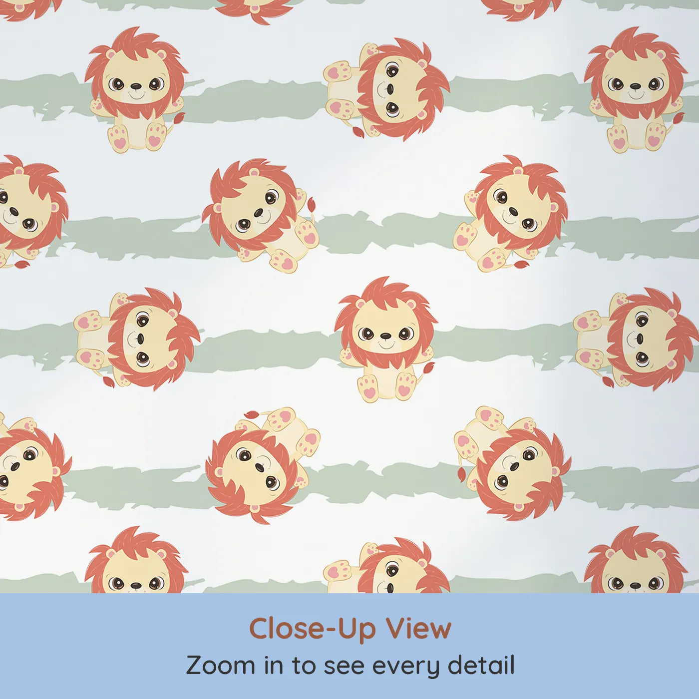 Close-up view of Whimsy Tots' Striped Safari Cubs Wallpaper in Green (W3018C).Charming lions dance across soft sage stripes and clean white skies.